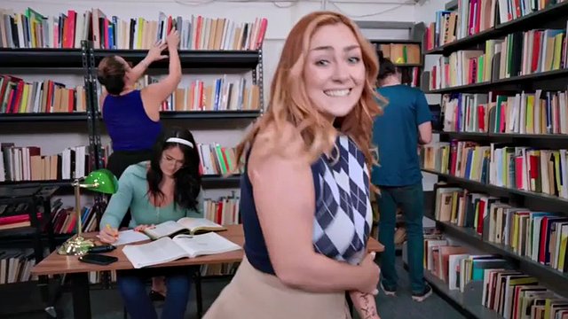 College booty slut shows off her big tits in the conference room