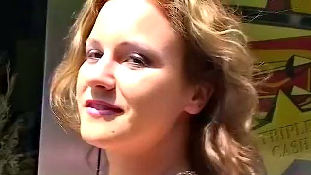Public blowjob from a blonde in a red dress