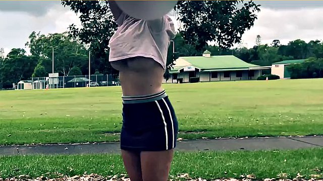 The wife dares to play basketball without bra and panties in a short skirt.
