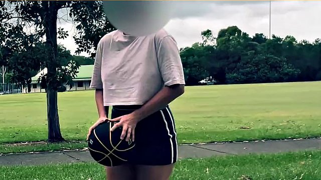The wife dares to play basketball without bra and panties in a short skirt.