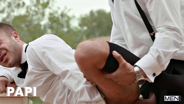 Allen King kneels to greedily suck Sir Peter's long, thick cock before taking a ride on it - PAPI