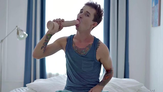 Skinny twink jerking his cock and playing with his tight ass after showing off