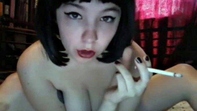 Smoking and dildoing lil slut