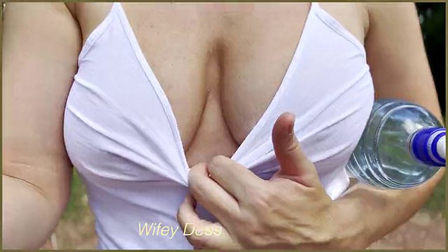 Wifey dares to go for a walk without a bra and panties and show her perfect and amazing tits
