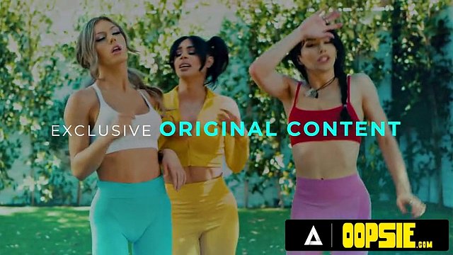 OOPSIE - Naughty shemales Ariel Demure and Erica Cherry take off Summer Hart's yoga pants to give her a double penetration
