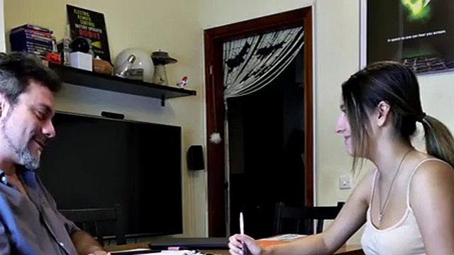 CFNM dirty talking teen jerks off and sucks cock for facial