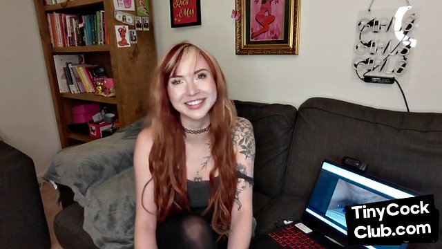Inked ginger babe mocking at small cocks