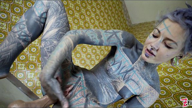 Tattooed Alternative Hentai Babe Pounds Giant Sex Toy