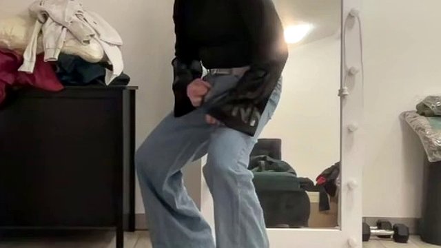 Wide leg flared palazzo jeans sissy in black jacket masturbating and waiting for mistress to suck cock and BDSM