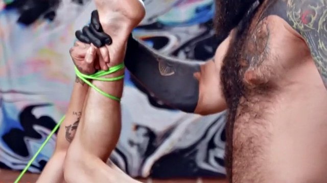 Submissive twink in bondage bareback gets bear after blowjob