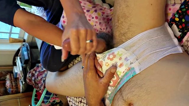 Boy in diapers get a hand job and cums