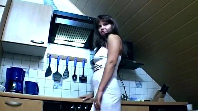 Girl Stretches Ass with Dildo in Kitchen Self-Sucking Sloppy Tits