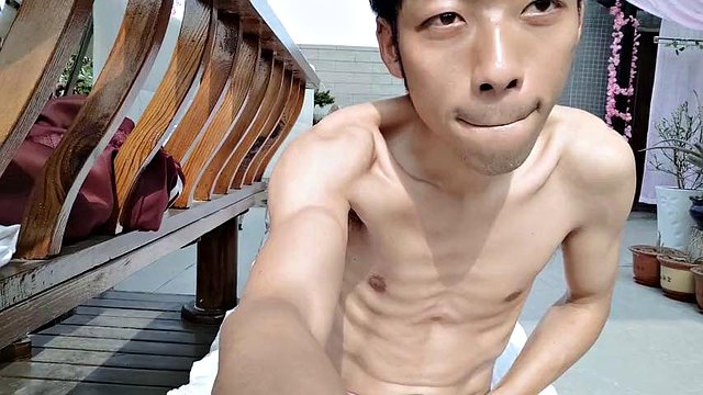 Cute Asian boy experiences masturbation and ejaculation in the sky garden under the sun for the first time