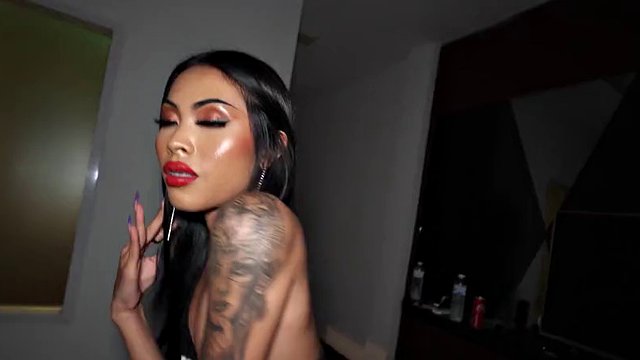 Asian ladyboy with tiny hard body gives blowjob and rough anal doggy style
